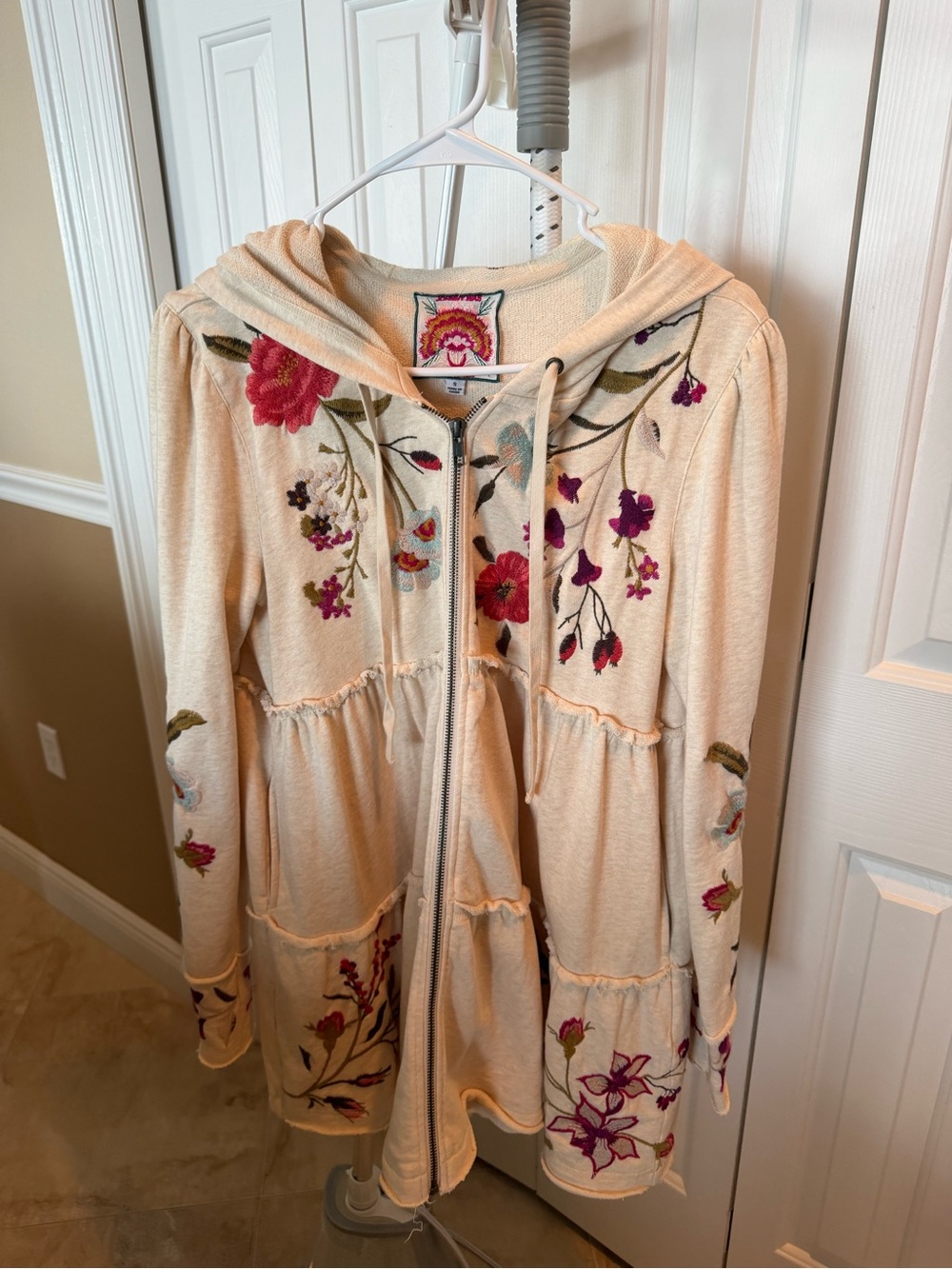 Johnny Was Cream Hooded Embroidered Zip Jacket